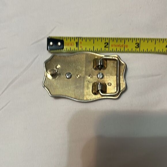 Vintage Western Etched Silvertone Goldtone Green Stone Jade? Belt Buckle 1970s? - Picture 4 of 7